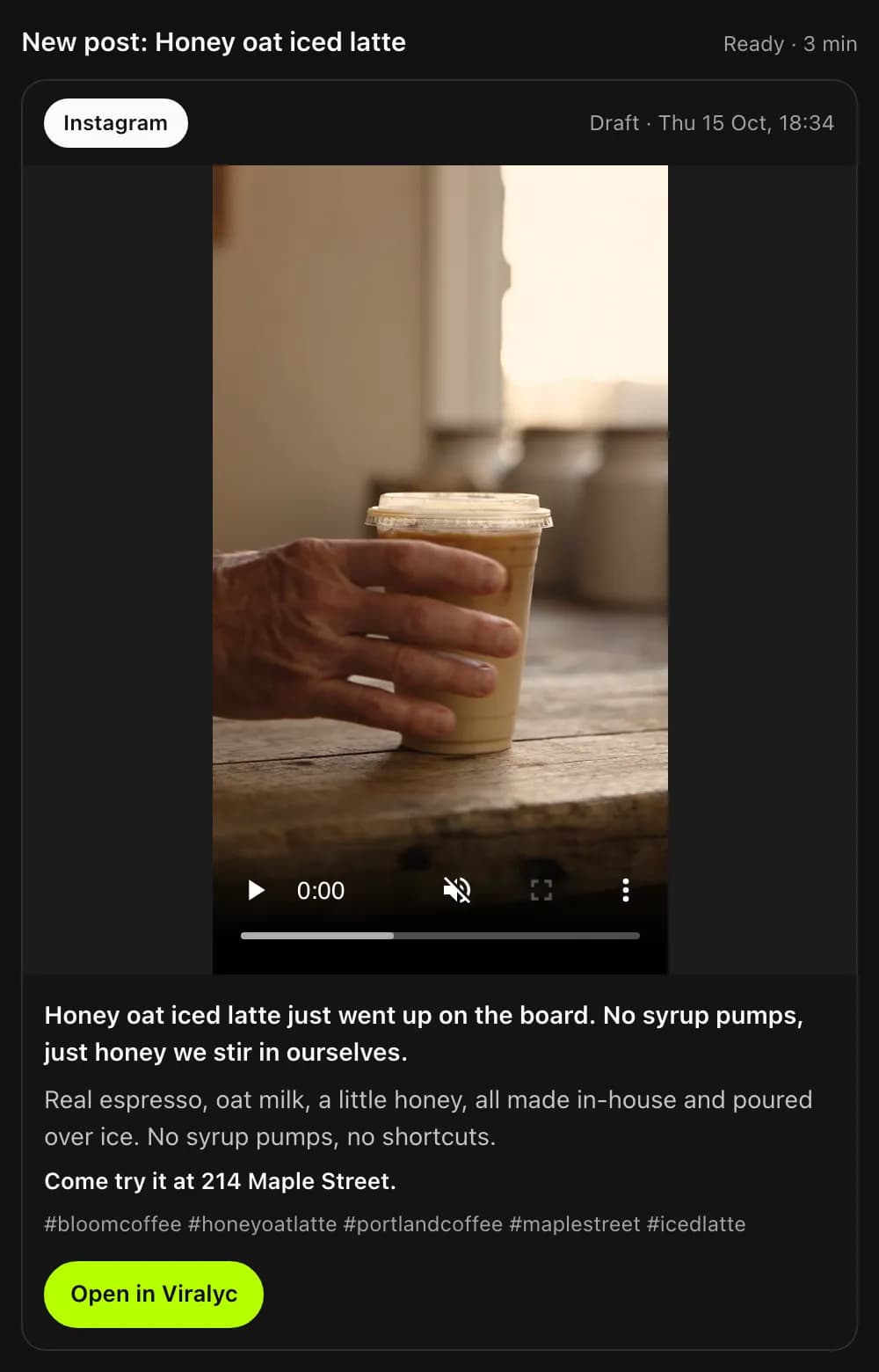 The same post when the reel is done: a vertical video of an iced latte with its caption